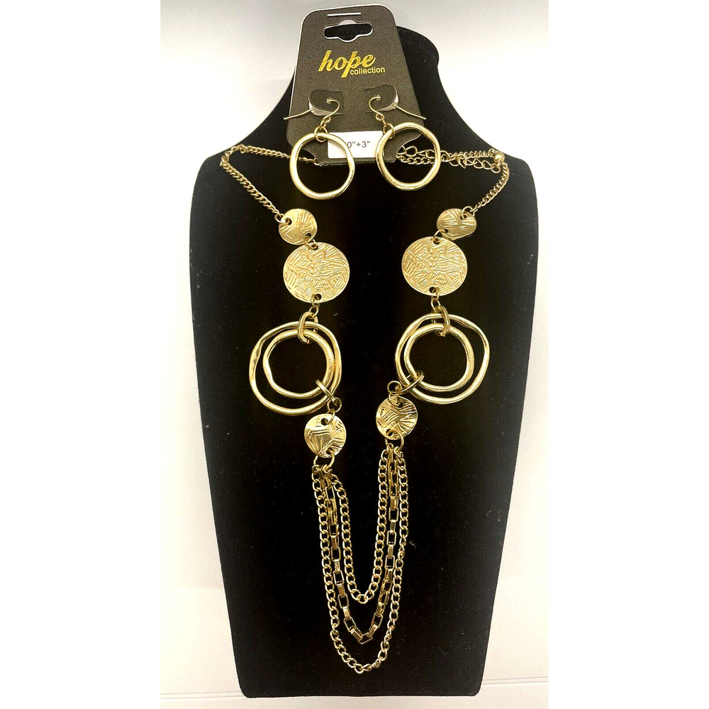 Necklace & Earrings Set Gold Plated Hope Hoops Fashion Costume Jewelry